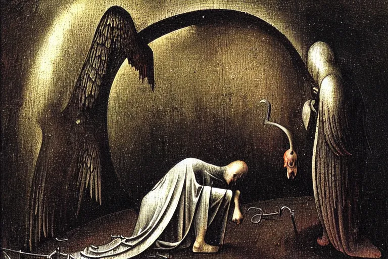 Image similar to fallen angel begs to enter the gates of hell by les edwards and hieronymus bosch