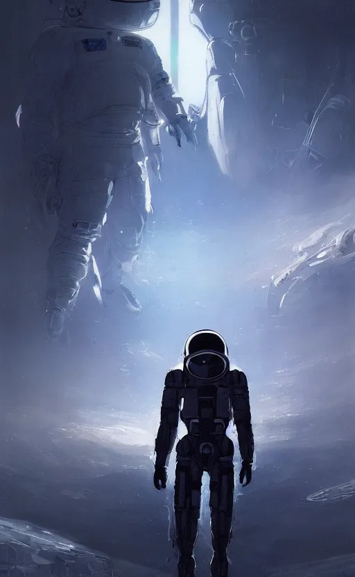 Prompt: a beautiful artwork illustration, concept art sketch of an astronaut in white futuristic cybernetic armor, a shining object in the distance, volumetric fog, godrays, high contrast, vibrant colors, vivid colors, high saturation, by Greg Rutkowski and Jesper Ejsing and Raymond Swanland and alena aenami, featured on artstation, wide angle, vertical orientation