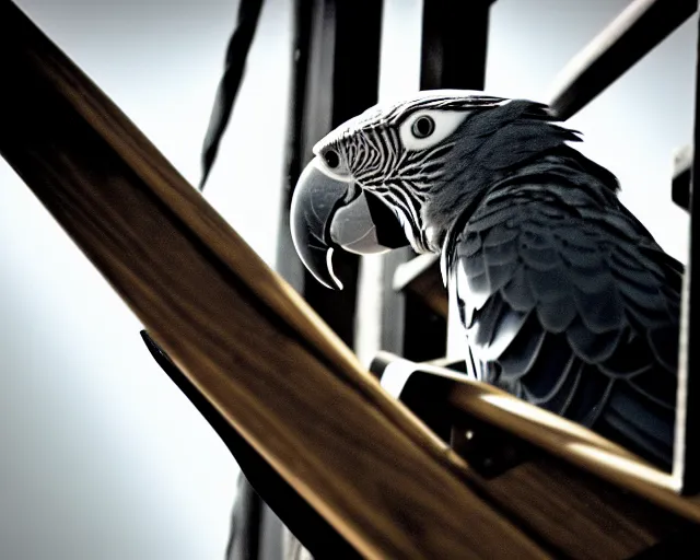 Prompt: low angle photo of a parrot on a pirate ship, rule of thirds, depth of field, flickr, 5 0 0 px