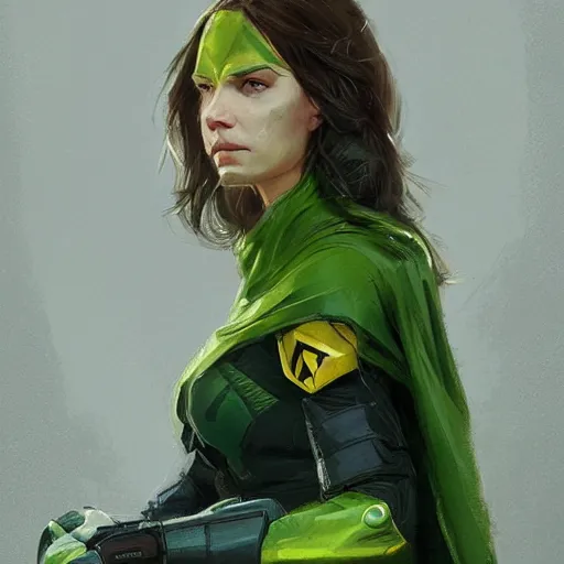 Prompt: portrait of a female superhero by greg rutkowski, she looks like thomasin mackenzie, she is wearing a black and green kevlar gear with a cape, highly detailed portrait, digital painting, artstation, concept art, smooth, sharp foccus ilustration, artstation hq