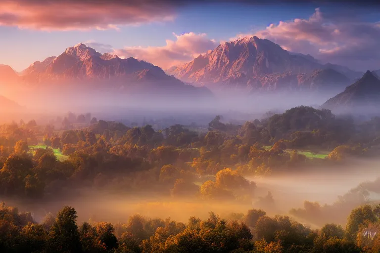 Prompt: landscape photography of bucharest by marc adamus, morning, mist, rays of light, beautiful