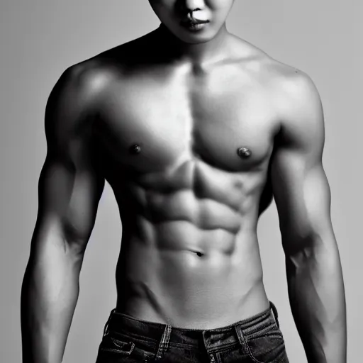 Image similar to korean male model, muscular, studio photograph