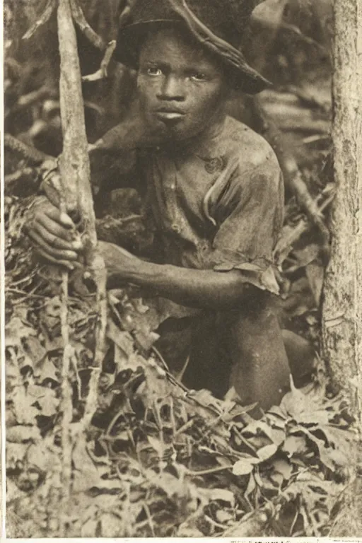 Prompt: a 1 9 0 5 colonial closeup portrait photograph of mickey mouse in a village at the river bank of congo, thick jungle, portrait shot