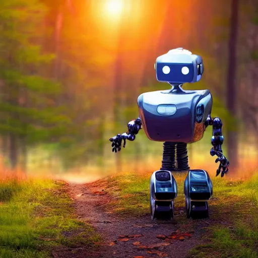 Prompt: ”detailed robot in beautiful forest in the sunrise”