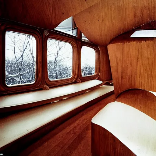 Prompt: the interior of a 1 9 3 0 s space ship carved out of wood, designed by eero saarinen, trees and snow visible through the windows