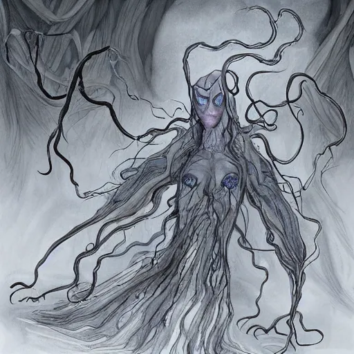 Image similar to concept designs for an ethereal ghostly wraith like figure made from wispy shadows with a squid like parasite latched onto its head and long tentacle arms that flow lazily but gracefully at its sides like a cloak while it floats around a frozen rocky tundra in the snow searching for lost souls and that hides amongst the shadows in the trees, this character has hydrokinesis and electrokinesis for the resident evil village video game franchise with inspiration from the franchise Bloodborne and the mind flayer from stranger things on netflix in the style of a marvel comic