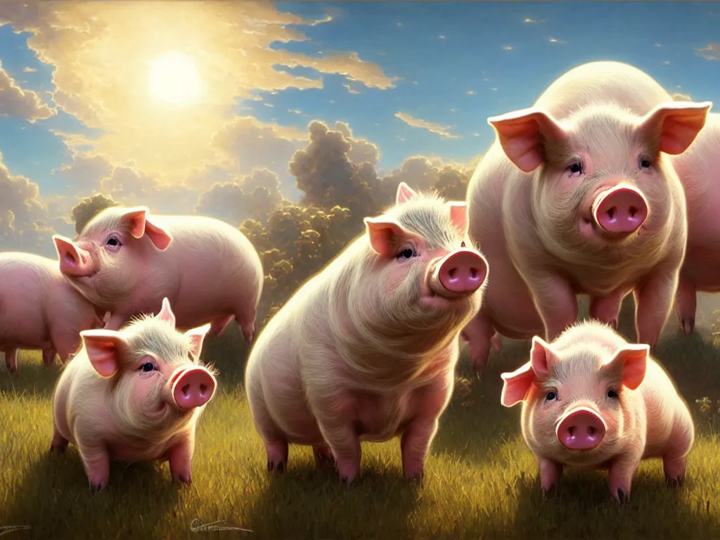 Image similar to very cute pigs play in the sky, cute and cuddly, highly detailed, photorealistic, octane render, 8 k, unreal engine. art by artgerm and greg rutkowski and alphonse mucha