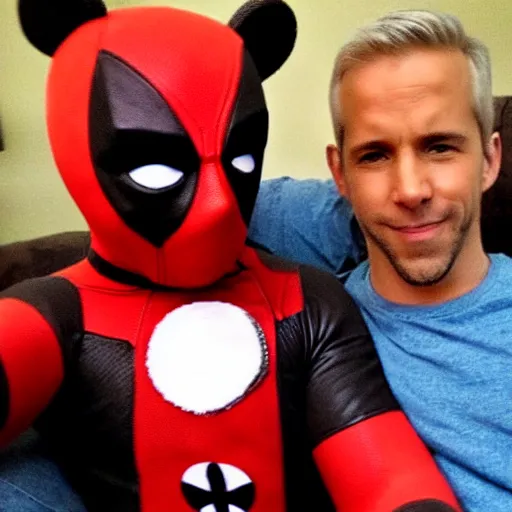 Image similar to Deadpool with Ted bear from Ted movie, chilling on the couch, drinking beers, 🍻, cheers!