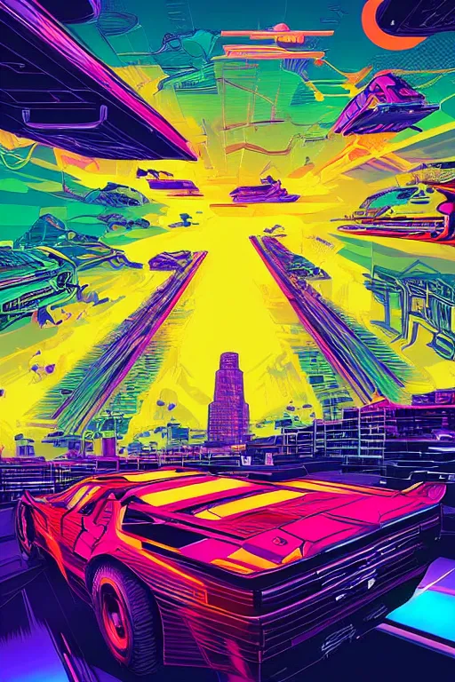 Prompt: thunders in the sky in a future cybernetic city, outrun style and colours, trending on arstation, by dan mumford, by ross tran