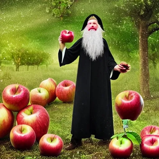 Image similar to beautiful professional photograph of a wizard with a very long white beard, brewing brewing, potions, elixirs, potions potions, in an apple!!! orchard