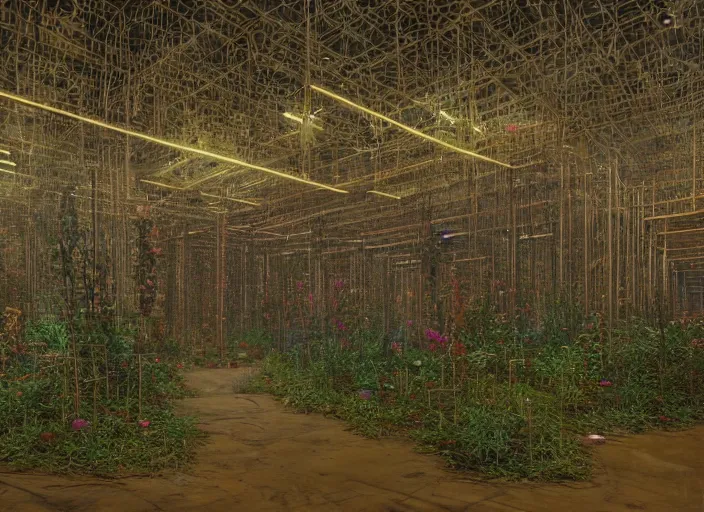 Image similar to rustic yet enormous SCP (Secure, Contain, Protect) agency interior with infinite rows of giant iridescent alien artifacts suspended in cylindrical containers made of gold and quartz by Simon Stalenhag, Zdiszlaw Beksinski, with vivid palette by James Gurney, overgrown with alien plants and flowers, inspired by Control the game, mysterious, eeriewave, hyperdetailed, dramatic camera angle with focus on infinity, octane render 8k, 4k, HDR, rtx on