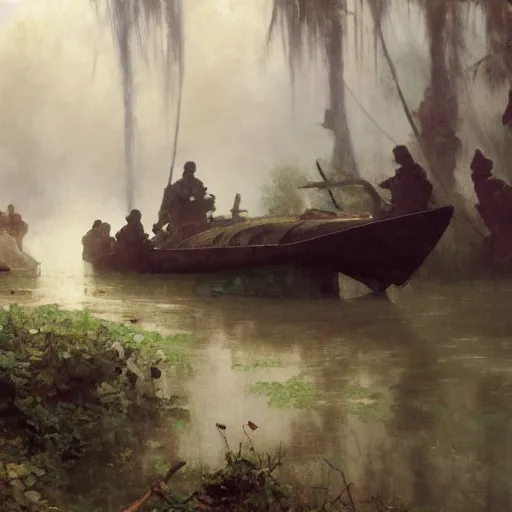 Prompt: wide jungle river army patrol boat tail of a crashed plane in the water ancient statues on the river banks, moody ambience, fog, smoke, dramatic, oil painting by repin, mucha, zorn, 4 k, trending on artstation