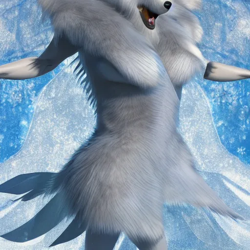 Image similar to 3 d render, well toned, large, female anthropomorphic wolf with wings, blue fur and scales with white spots and wings on her back, icey blue dress,.