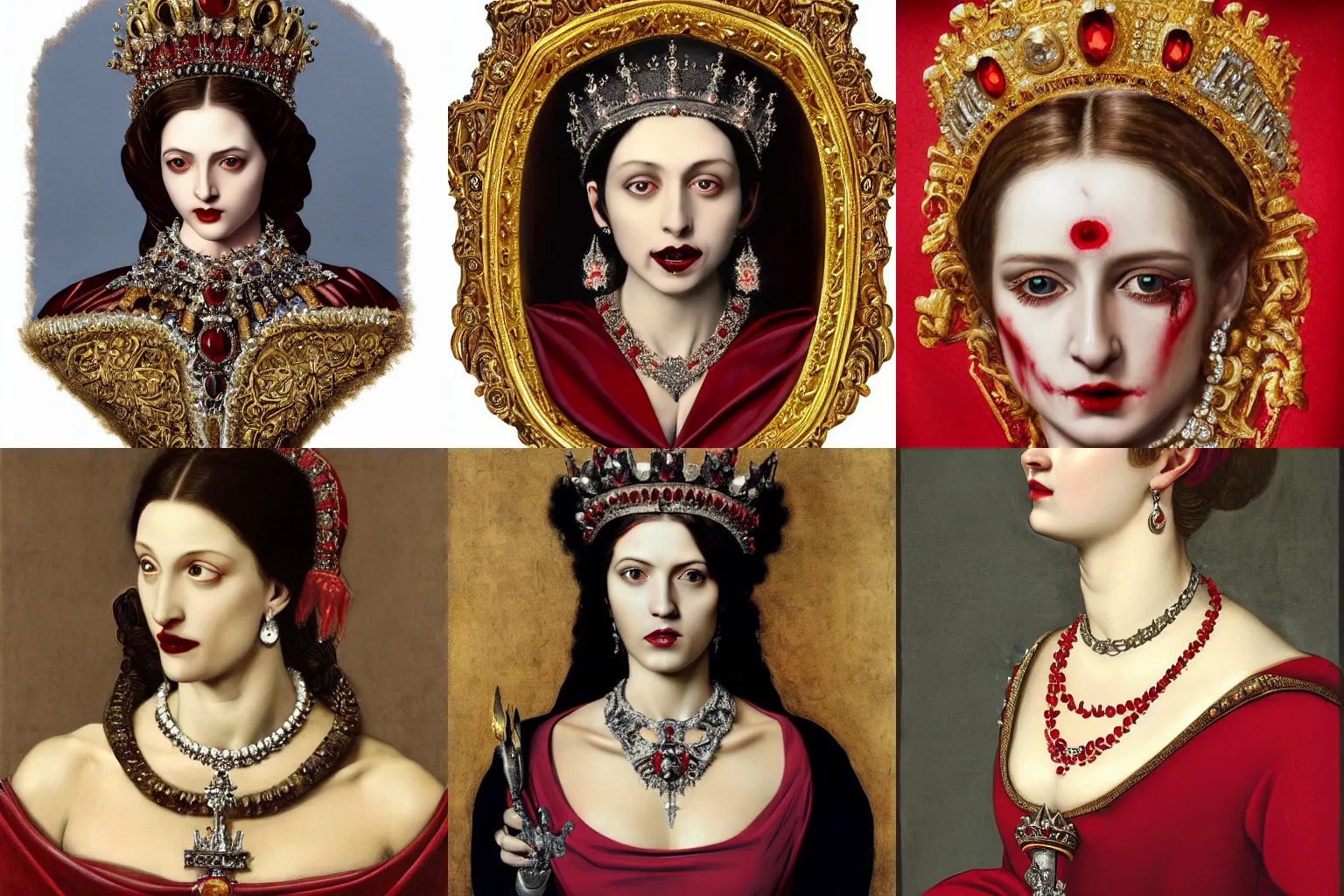 Image similar to A extremely highly detailed majestic hi-res beautiful immaculate head and shoulders painting of a beautiful bloody vampire woman with fangs wearing a long royal red silk dress, the crown jewels is on her head and around her neck is a ornate golden necklace decorated with diamonds and rupees by Michelangelo Merisi da Caravaggio, high detail, hyperrealistic, photorealistic, octante render, cinematic, high textures, royaltly, royal, hyper sharp, 4k insanely detailed and intricate, hypermaximalist, 8k, hyper realistic, super detailed, 4k HDR hyper realistic high,