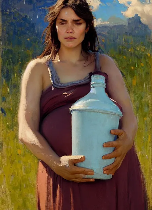 Image similar to portrait of pregnant vilage woman carrying a bucket of water, countryside, fantasy character portrait, dynamic pose, above view, view from above, sunny day, thunder clouds in the sky, artwork by Jeremy Lipkin and Giuseppe Dangelico Pino and Michael Garmash and rob rey, very coherent symmetrical artwork, perfect face, simple form, 100mm