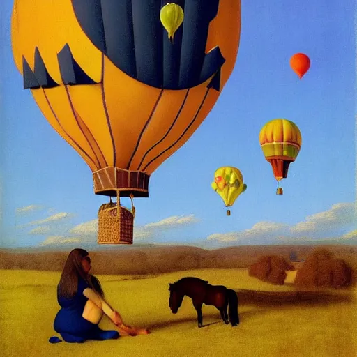 Image similar to a girl and her horse enjoy a hot-air balloon show by Raphael, Hopper, and Rene Magritte. detailed, romantic, enchanting, trending on artstation.