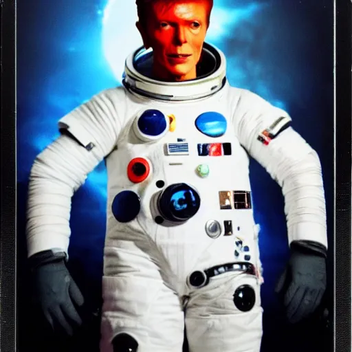 Image similar to medium - shot photo of david bowie!! wearing a space suit, background mars surface, in the new watchmen movie, polaroid photo, instax,