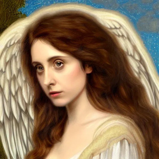 Image similar to alison brie as an angel, detailed digital painting, pre - raphaelite, intricate