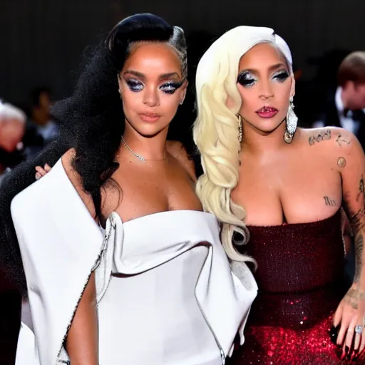 Prompt: lady gaga and Rihanna on the red carpet