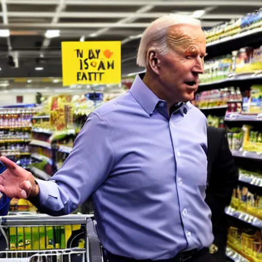 Prompt: Joe Biden berating a fat man at the supermarket, 8K, high quality