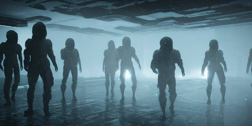 Image similar to sci - fi alien squad in wet cloaks, infiltrating on the ceiling at midnight storm, lightning, unreal engine 5, octane, volumetric light