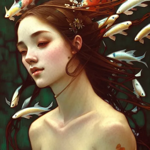 Prompt: Portrait of a girl surrounded by Koi fish, face, fantasy, intricate, elegant, highly detailed, digital painting, artstation, concept art, smooth, sharp focus, illustration, art by Krenz Cushart and Artem Demura and alphonse mucha