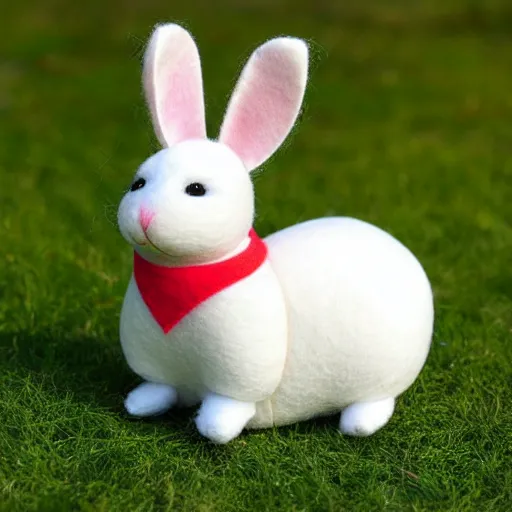 Image similar to a cute elegant felt plush doll of a rabbit wearing overalls detailed highly realistic