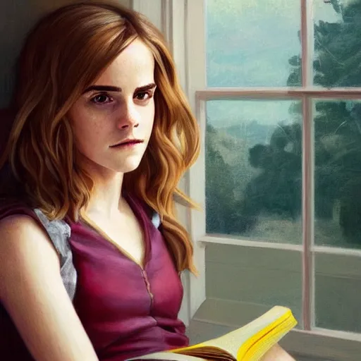 Prompt: portrait of Emma Watson as Hermione Granger sitting next to a window reading a book, focused expression, golden hour, professional illustration, art by Kenne Gregoire, trending on artstation