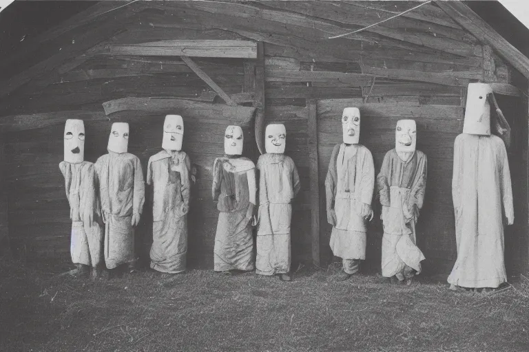 Image similar to vintage photo of villagers wearing weird masks outside a barn by hilla becher, eerie, bizarre, highly detailed shot, dramatic 8 k uhd