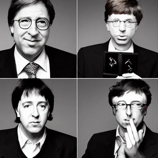 Image similar to bill hicks and bill gates in the style of gilbert and george