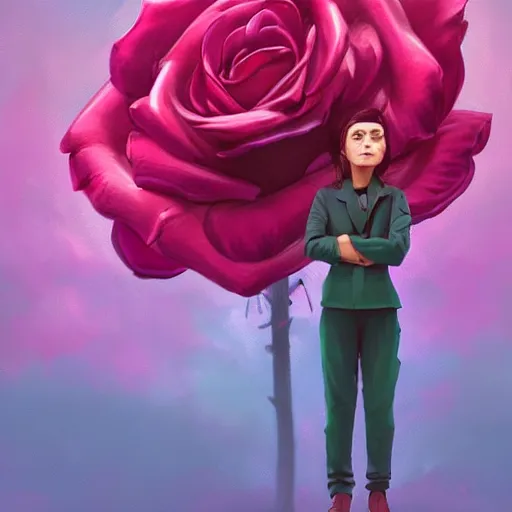 Image similar to closeup, huge rose flower face, frontal, girl with suit, surreal photography, sunrise, dramatic light, impressionist painting, digital painting, artstation, simon stalenhag