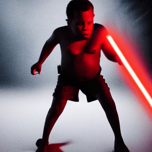 Prompt: Harvey price topless, fighting darth vader, cinematic, volumetric lighting