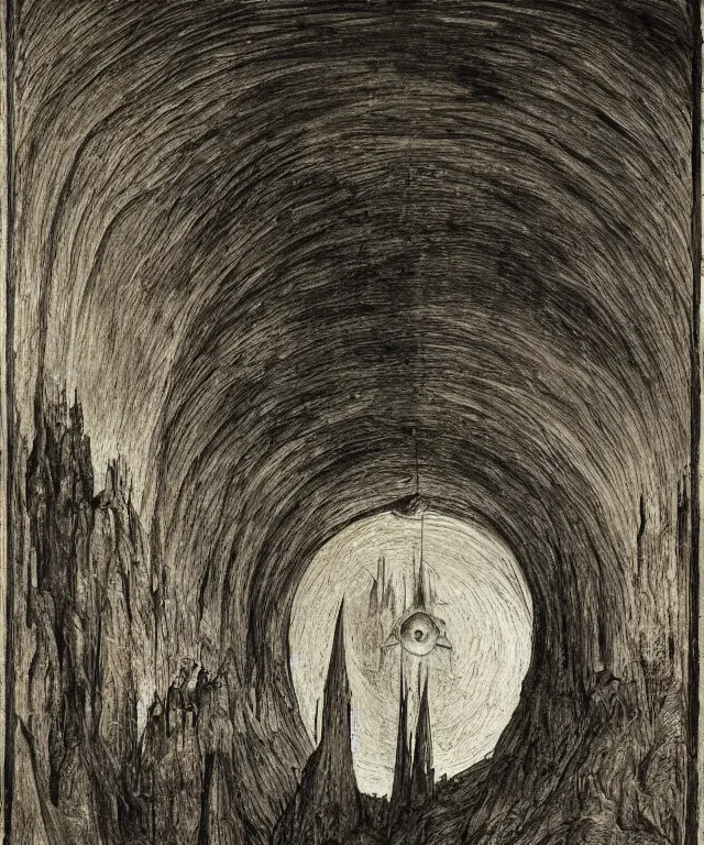 Image similar to mines of moria, khazad dum, halls of durin, middle earth, jrr tolkien, a bright orb of light in the center of a grand hall, outer edges fade into pitch black, creatures crawling out from the darkness toward the light, in the style of hieronymus bosch