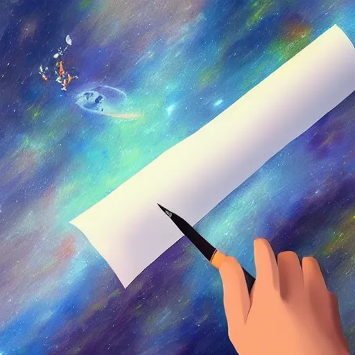 Prompt: high quality art of a printer printing out a long sheet of paper covered with writing, floating in space, trending on artstation