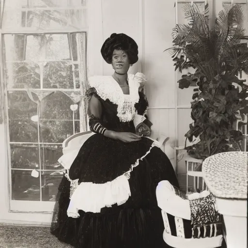 Image similar to fantasy, glow, shimmer, beautiful black victorian woman in a long white frilly lace dress and a large white hat, cow hoof feet, having tea in a sunroom