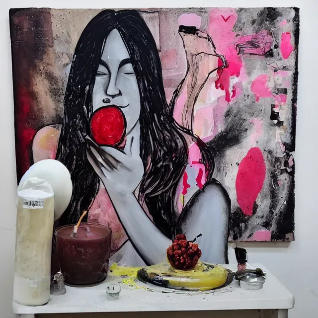 Image similar to “ a portrait in a female art student ’ s apartment, sensual, a pig theme, pork, half - finished sculpture, sculpture work in progress, a candle dripping white wax, clay, squashed berries, berry juice drips, acrylic and spray paint and oilstick on canvas, surrealism, neoexpressionism ”