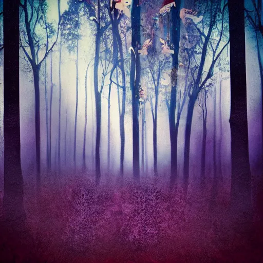 Prompt: polaroid style of a surreal artsy dream forest backdrop overlay, double exposure