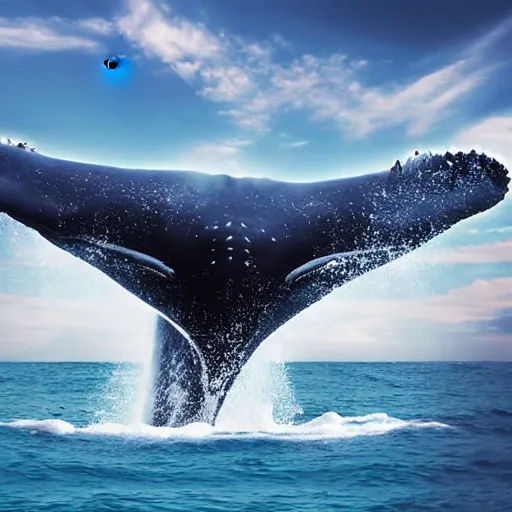 Image similar to photomanipulation of a huge whale that has tiny fairy wings