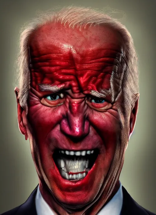 Image similar to hyper realistic photo towering angry wrathful furious glowing red eyes biden