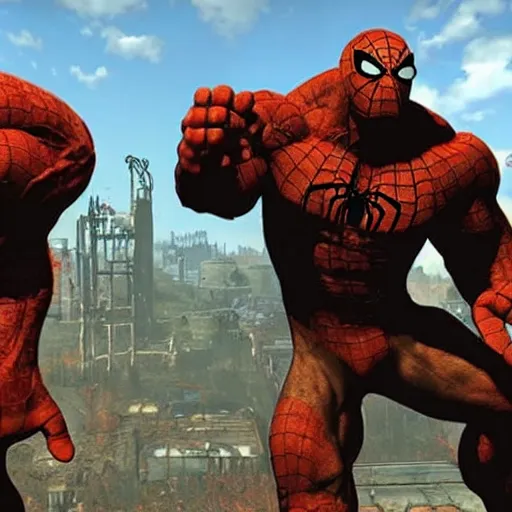 Prompt: hulk and spiderman in fallout 4