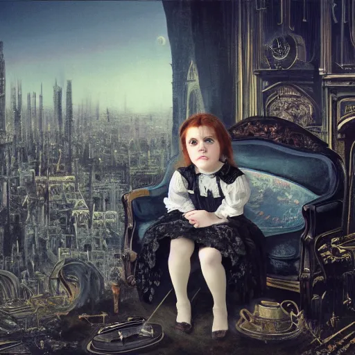 Image similar to a color photo of young sad victorian gothic child with big eyes and wide grin sitting on a sofa of bones surrounded by a cyber futuristic cityscape made of human body parts, ultra detailed, 8 k resolution, beautiful lighting, expansive detailed layered city, landscape, sigma 8 5 mm, award winning photography