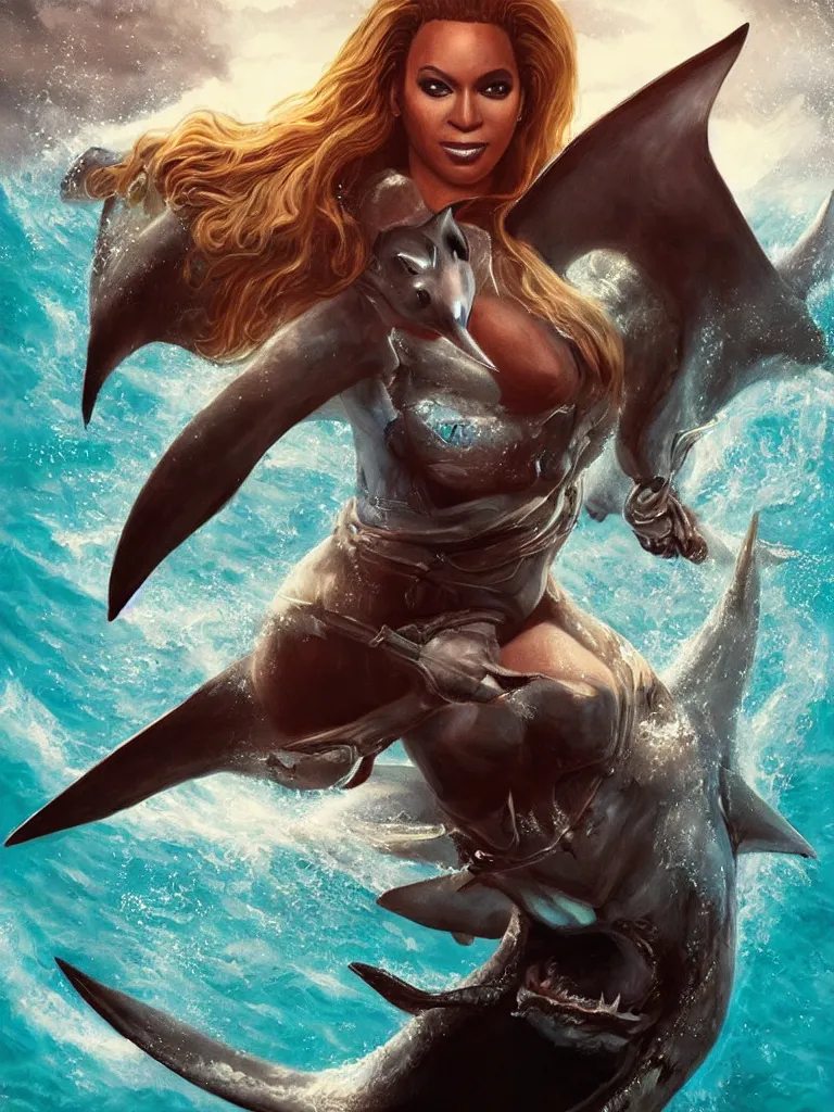 Image similar to regal portrait of superhero Beyonce riding a great white shark with a trident, extremely high detail, photorealistic, cinematic lighting, artstation inspired by Marvel movies