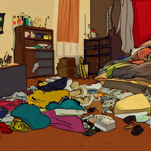 Image similar to very messy bedroom with random objects, clothes, and trash piled high in between the tv and the couch, where three stoner teens, one with messy hair and a beard, one with pale white skin and short side - swept hair, and one with pale white skin, long hair, and a goatee all playing video games