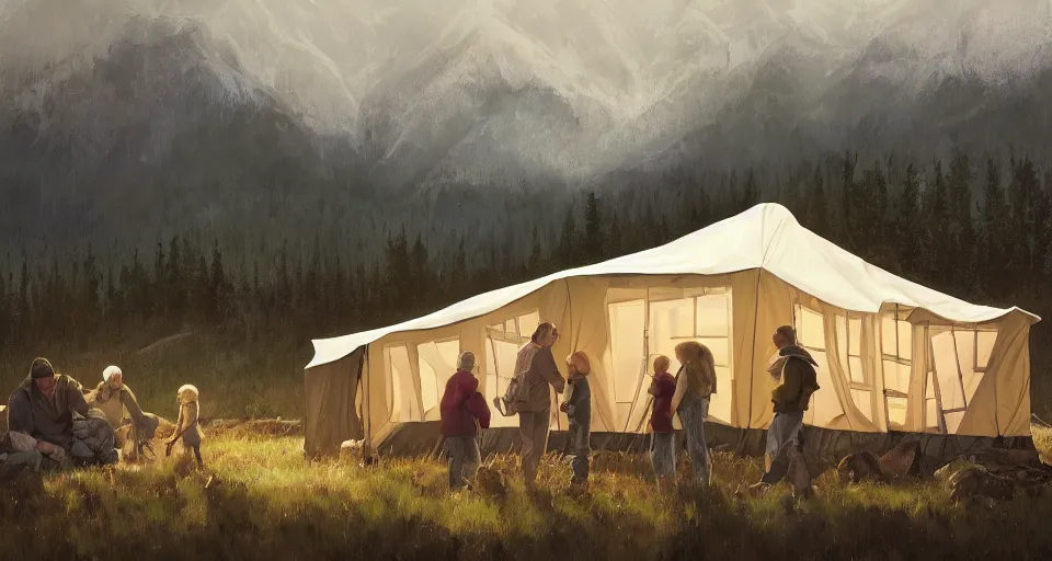 Image similar to cabela's beautiful comfortable modular insulated wall kit - house all weather family dwelling tent house, person in foreground, mountainous forested wilderness open fields, beautiful views, painterly concept art, joanna gaines, environmental concept art, farmhouse, magnolia, concept art illustration, by james gurney, by craig mullins, by greg rutkowski trending on artstation