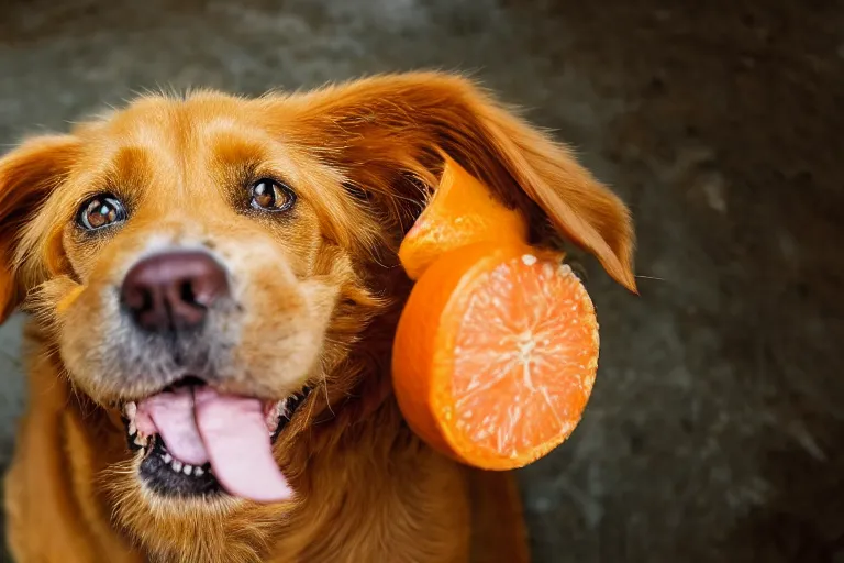 Image similar to closeup potrait of orange dog with bulgy eyes, licking its own nose, photograph, natural light, sharp, detailed face, magazine, press, photo, Steve McCurry, David Lazar, Canon, Nikon, focus