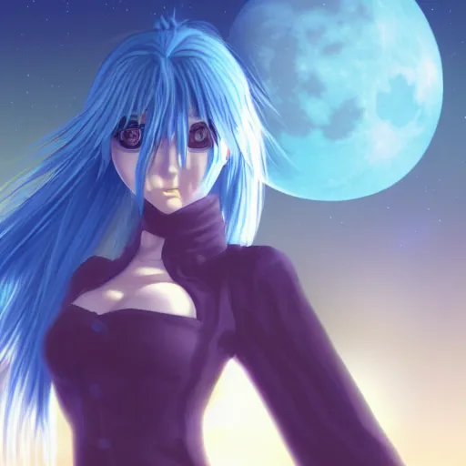 Prompt: a girl with blue hair is standing in front of a full moon, a screenshot by Jin Homura, featured on pixiv, gothic art, gothic, anime, official art