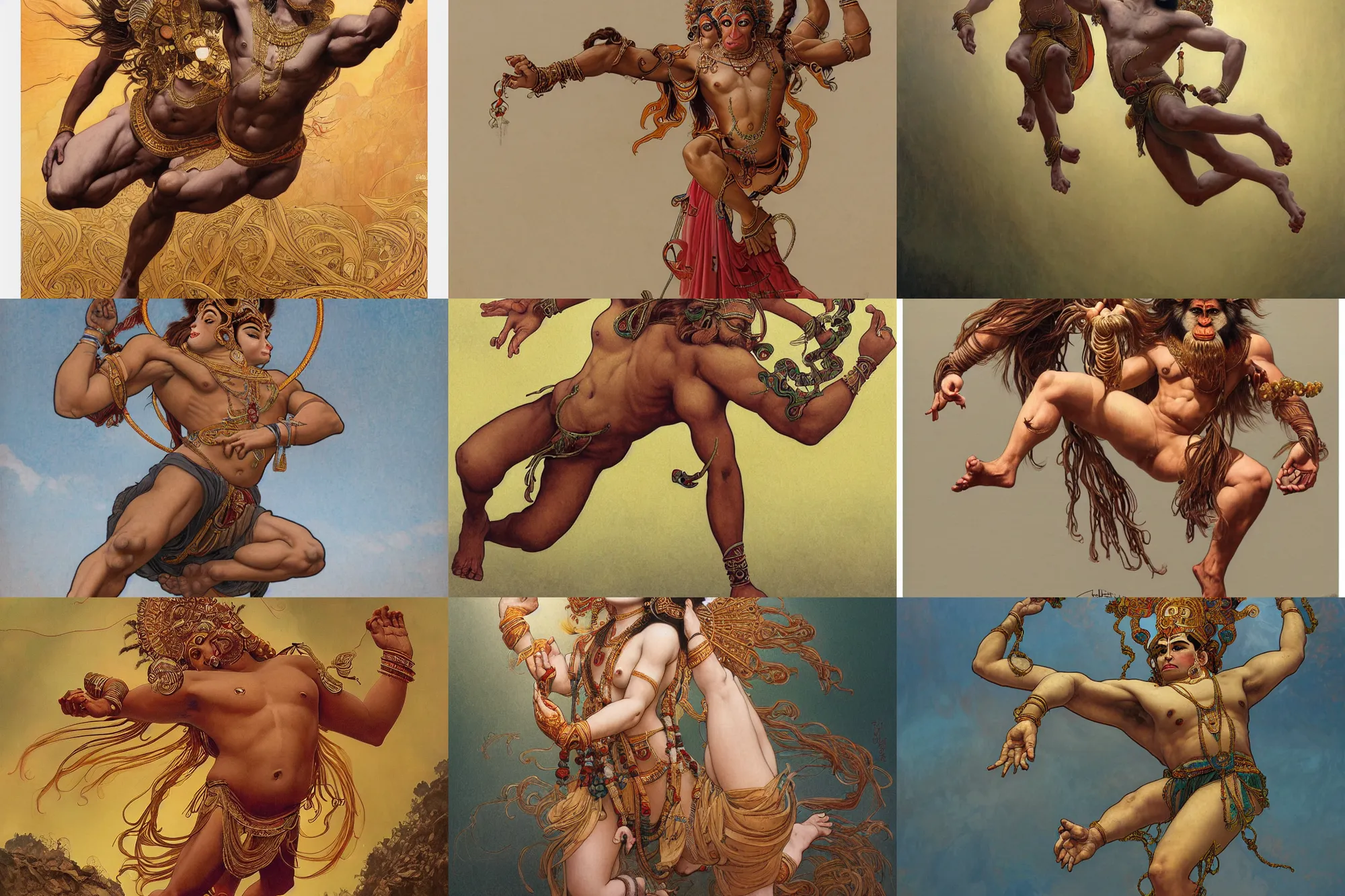 Prompt: a full body centered portrait of a beautiful ornated hanuman god, leaping across the canvas with arms stretched above the head and the palms joined together, intricate, elegant, highly detailed, digital painting, artstation, concept art, smooth, sharp focus, colored illustration for tattoo, art by krenz cushart and artem demura and alphonse mucha