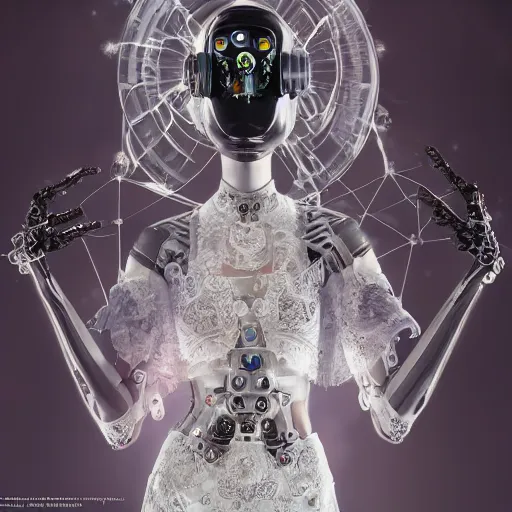 Prompt: female gothic robots with transparent head with mechanical brain, detailed glass and decorated porcelain face, sensual pose, full body, dressed in white intricate lace and jewels, epic environment, matte painting, diffused lighting, highly detailed, cinematic, epic atmosphere, digital art, trending on artstation, wide angle