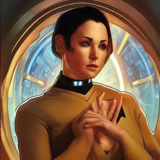 Image similar to a bald serbian!!! young woman as a star trek captain, a still from star trek painted by artgerm and greg rutkowski and alphonse mucha. clear highly detailed face, beautiful sci fi art