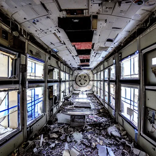 Image similar to the interior of an abandoned space station with windows into space